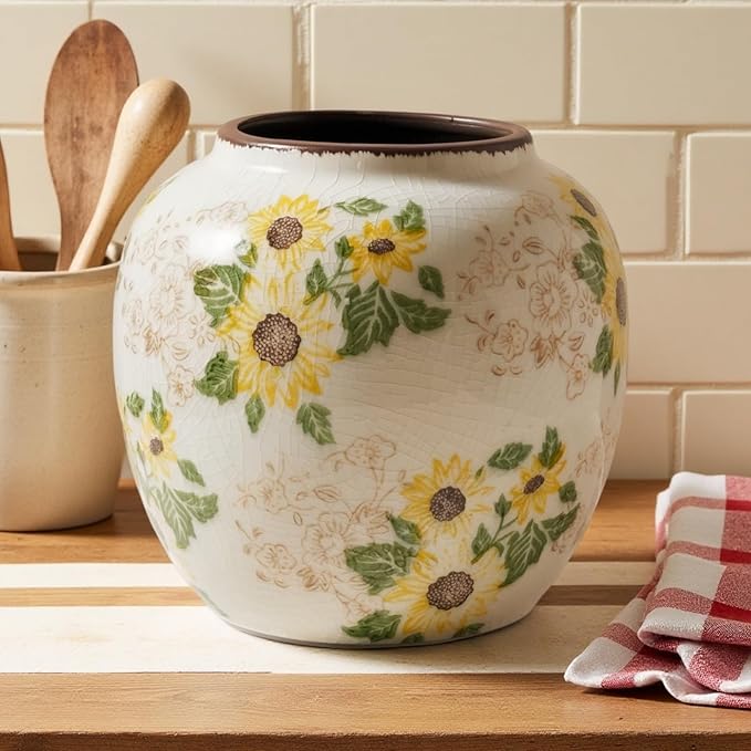 Levvohd Round Pastoral Ceramic Vase, 6.3 Inch Vintage Sunflower Yellow Floral Retro Ice Cracked Rustic Antique Flower Vases for Living Room Home Decor (Large Round)