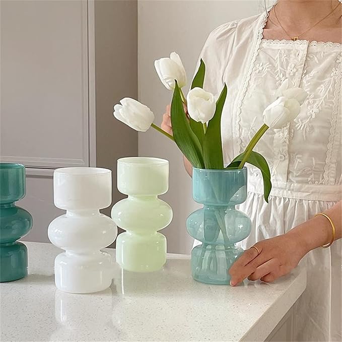 JSPYFITS Glass Hydroponic Flower Vase, 7 Inches Colored Glass Bubble Vases for Flower, Three-Layer Glasses Funky Vase for Home/Office/Weddings/Party Table Flower Decor (White)