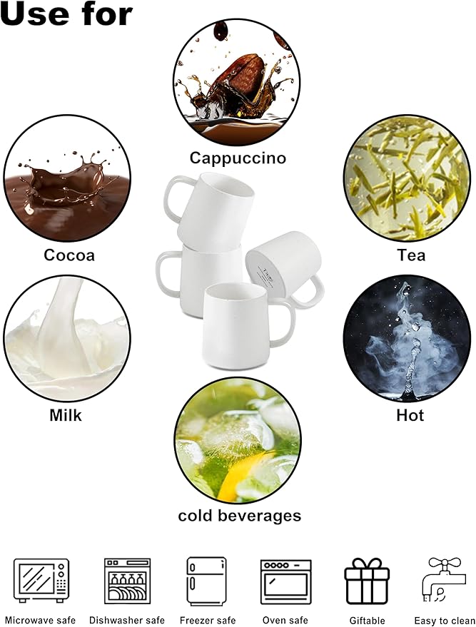 T-WARE 16 Oz Coffee Mugs, Matte White Speckled Mug Set of 4, Ceramic Mugs Coffee, Solid Color Coffee Cups Ceramic