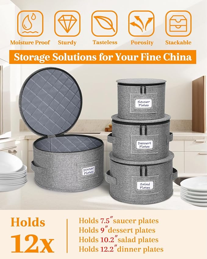 punemi China Storage Containers, Dish Storage with Rigid Top Side Bottom Support & Felt Dividers for Charger Plates Dinnerware, Perfect for Moving Supplies, 4PCS Stackable Fine China Storage, Gray