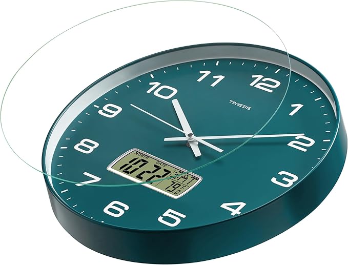 Wall Clock, 14" Large Dial Non-Ticking Silent Battery Operated Analog with LCD Display for Perpetual Calendar and F° Temperature, Ideal Modern Home, Bedroom, Kitchen, Office Decor(Green)
