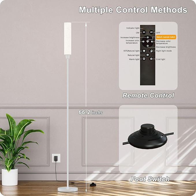 Floor Lamp with Remote Control, Floor Lamps for Living Room/Bedroom/Office, Stepless Adjustable 3000K-6000K Colors and 10-100% Brightness,Standing Light with Foot Switch (White+Beige Linen)