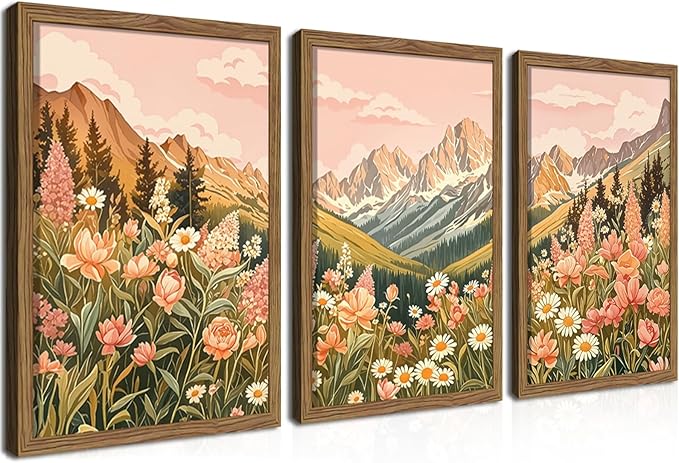 MUWAK Framed Mountain Landscape Canvas Wall Art Set of 3 – Rustic Wildflower and Sunset Nature Prints, Boho Floral Artwork Wall Decor with Wooden Frame for Living Room Bedroom Home Decor – 16x24in