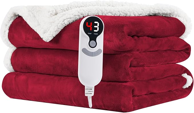 LUXIAN Electric Heated Blanket Twin Size 62"x84" - Microplush & Sherpa Fabric Dual-Sided, 6 Heat Settings & 1-10 Hours Auto Off, Cozy Warming Throw for Home, Office, or Bed, Machine Washable,Wine Red