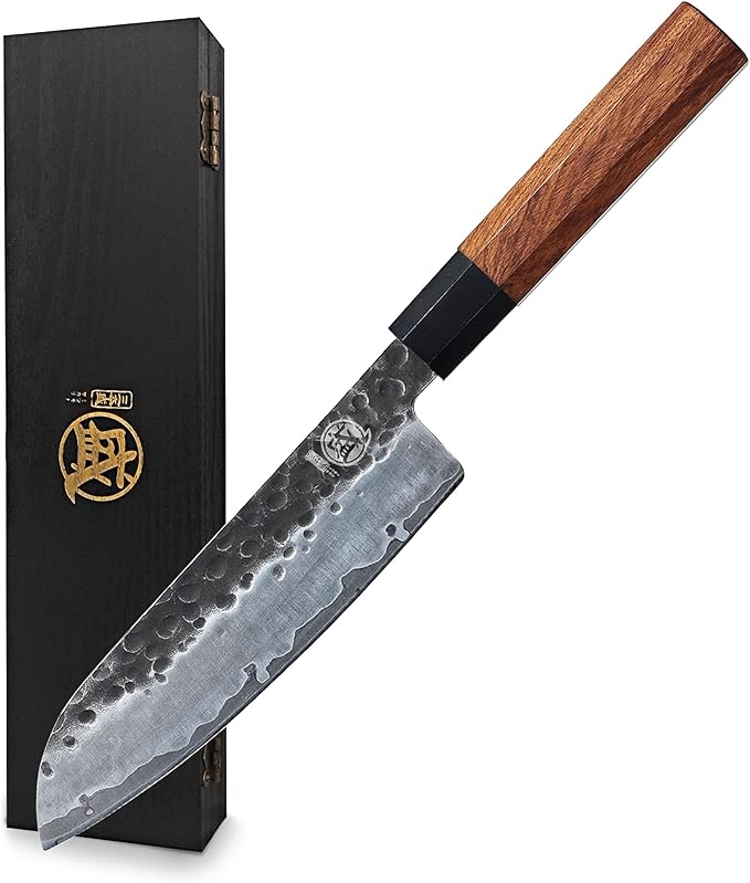 MITSUMOTO SAKARI Santoku Chef Knife 7 inch - Hand Forged Japanese Kitchen Knives, 3-Layer 9CR18MOV High Carbon Steel, Rosewood Handle & Sandalwood Box