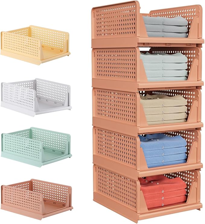 5 Pack Folding Closet Organizers Storage Box, Stackable Storage Bins, Plastic Drawer Basket Closet Storage for Wardrobe Cupboard Kitchen Bathroom Office 5L (Pink)