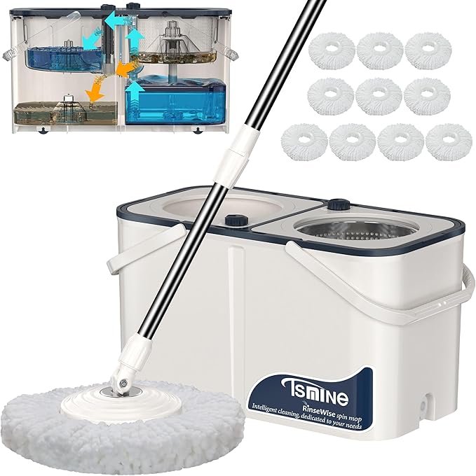 Mop and Bucket with Wringer Set for Home,4-Chamber Spin Mop and Bucket Separate Clean and Dirty Water,Hardwood Floor Mop Household Cleaning Tools with 10 Microfiber Replacement Head Refill