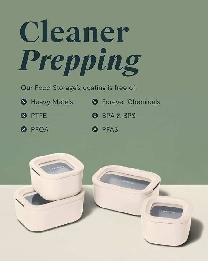 Caraway 2pc Glass Food Storage Set - 2.6 Cup Food Containers (2) - Non-Toxic Ceramic-Coated Glass - Air Release Technology - Compact & Stackable Design - Gray