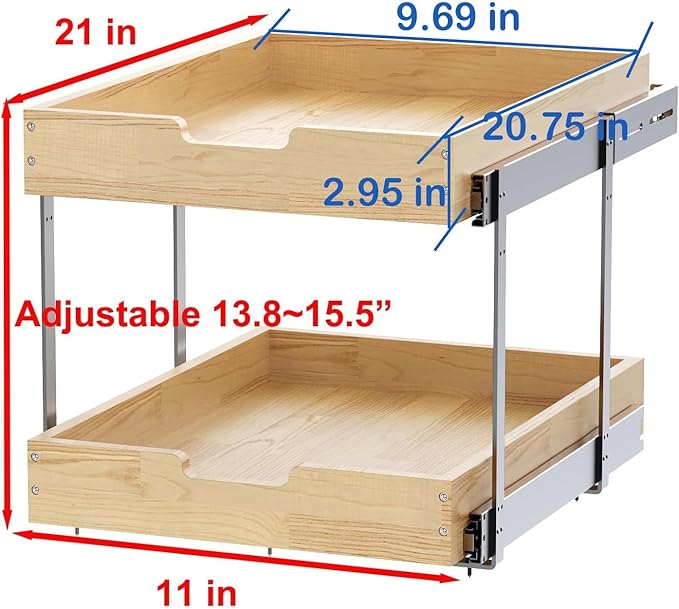 Wood Pull Out Cabinet Organizer 2 Tie 11" W x 21" D for 12" Cabinet Opening, Heavy-Duty Sliding Drawers for Inside Cabinets Storage and Organization for Kitchen, Pantry, Bathroom