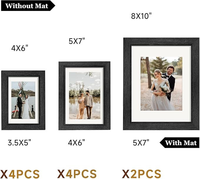 Picture Frames Set of 10 Balck, Bulk MDF Frames for 8x10, 5x7, 4x6 Photos Real Glass for Wall or Tabletop