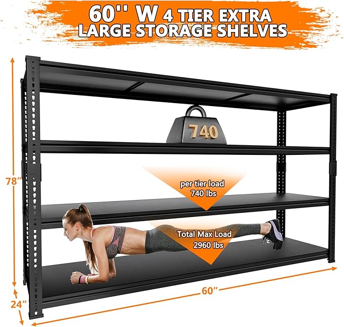 Storage Shelves Heavy Duty, 60" L x 24" W x 78" H Garage Storage Shelves Unit Loads 2960LBS, 4-Tier Adjustable Metal Industrial Utility Shelf Rack for Kitchen, Laundry Room, Warehouse, Basement