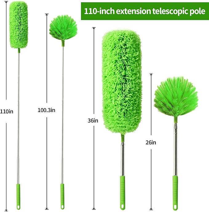 Cobweb Duster with Extension Pole, Washable Cleaning Duster Set with 2 Duster Heads, Corner Brush, 15-110-Inch Telescoping Pole for high Ceiling Fans, Long Duster for high Ceilings,Reach Duster
