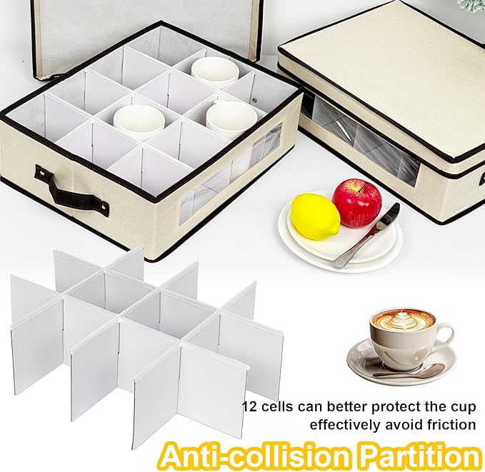 homyfort 2 Pack Mug Storage Box with Dividers, China Cup Storage Containers Organizer Hard Shell with Compartments for 24 Tea Cups and Coffee Mugs (Beige)