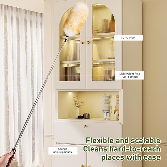 Extendable Lambswool Duster 25-64" Retractable Telescopic Handle Removable Head Multi-Surface Cleaning Tool for Ceiling Fans, Windows, High Walls, and Hard-to-Reach Areas (2pcs)