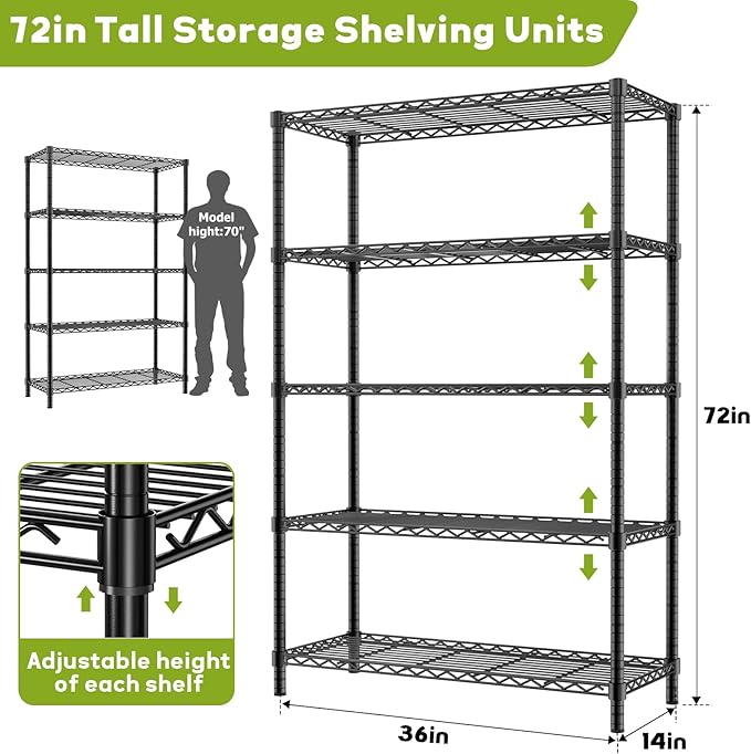 Storage Shelves, 4 PCS 36" L x 14" W x 72" H Heavy Duty Garage Wire Shelving Unit Loads 1750LBS, 5-Tier Adjustable Metal Industrial Utility Shelf Rack for Kitchen, Laundry Room, Basement