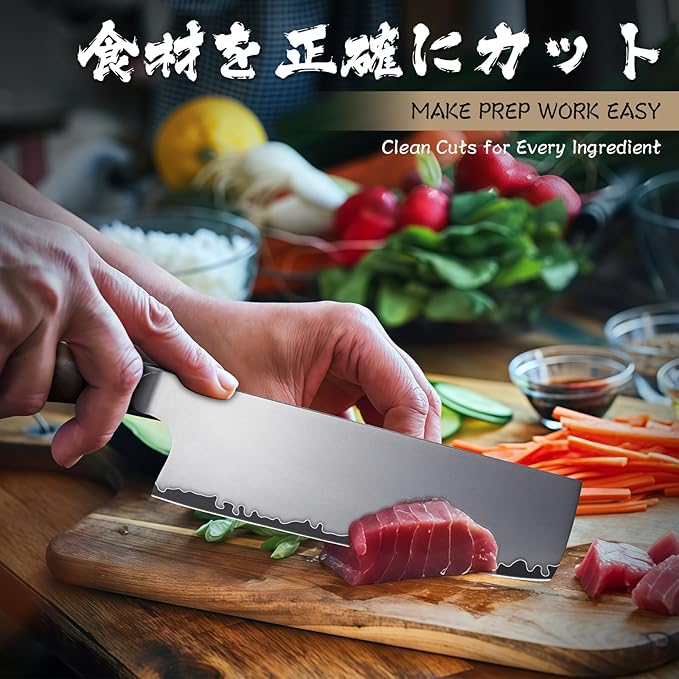 Purple Dragon Nakiri Knife, 7 Inch Meat Cleaver, German Vg10 Steel Japanese Kitchen Knife for Meat Cutting Chopping Dicing Vegetables, Ergonomic Wooden Handle, Gift Box