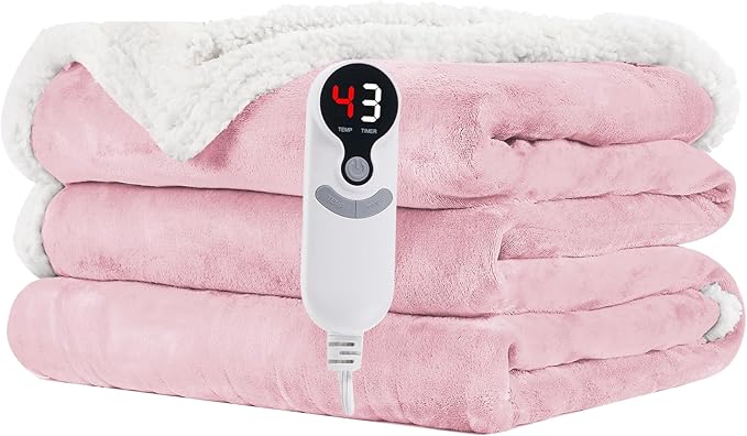 Electric Heated Blanket Full Size 72"x84" - Flannel & Sherpa Fabric Dual-Sided, 6 Heat Settings & 1-10 Hours Auto Off, Soft & Cozy Warming Throw for Home, Office, or Bed, Machine Washable, Light Pink