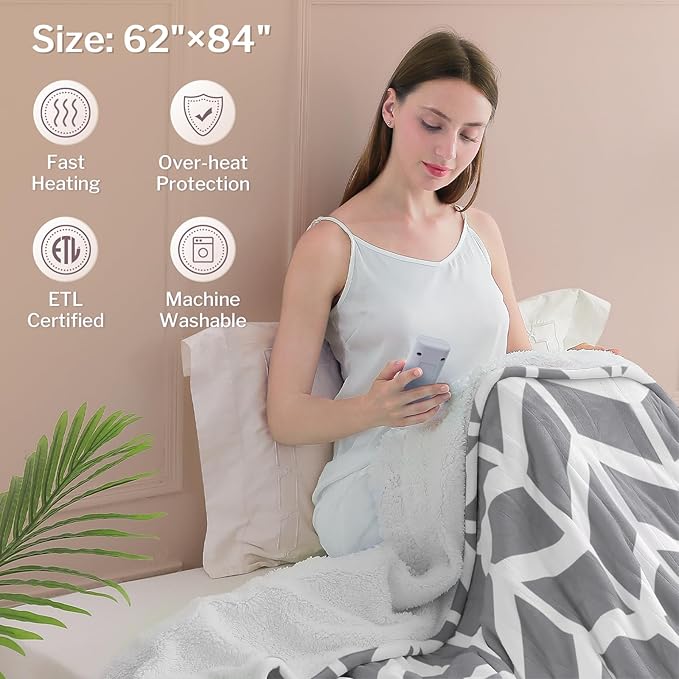 VENTIMI Electric Blanket Heated Throw, 62" x 84" Heated Blanket with 9 Heat Levels & 2 to 10 Hours Auto Off, Fast Heating Blankets with ETL & FCC Certification, Grey