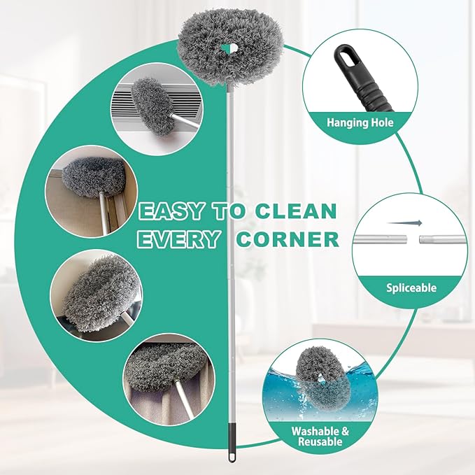 Ceiling Fan Cleaner Duster Reusable Microfiber Ceiling Fan Blade Cleaner Removable Duster with Extension Pole Adjusts 13 to 49.7 Inch for Cleaning Walls Bookshelves Furniture Door Window Top (Gray)