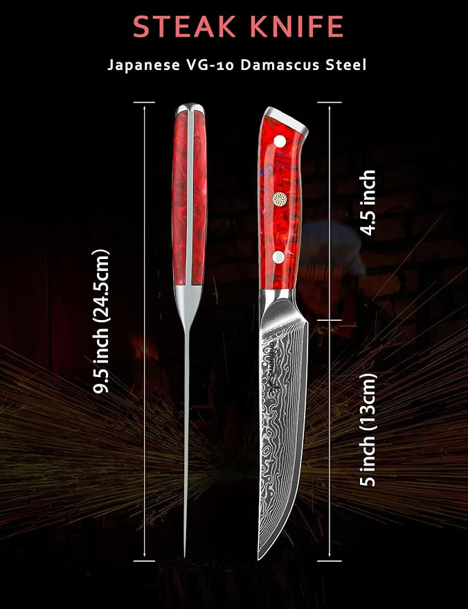 Steak Knives Set of 4, Ultra Sharp Non Serrated Kitchen Steak Knife 5 Inch - Damascus Steel & Resin Handle - Xuan Series (Sunset Red)