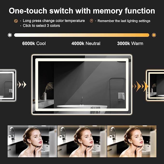 Led Mirror for Bathroom, 30x40 Bathroom Vanity Mirror for Wall with Light, IP54 Enhanced Anti-Fog, Dimmable 3 Colors, Memory Function, Backlit and Front Lit, Shatter-Proof Glass, Plug-in/Hardwired