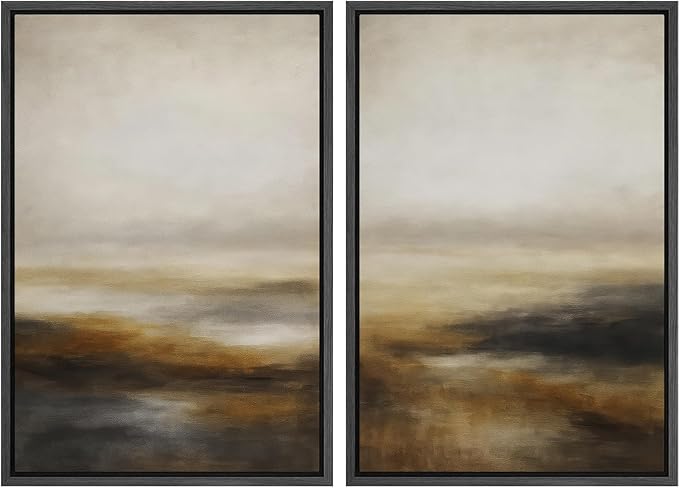 SIGNFORD Framed Canvas Print Wall Art Set Abstract Neutral Landscape Modern Beige and Brown Illustration Modern Art Decorative Nordic Nature for Living Room, Bedroom, Office - 24"x36"x2 Black
