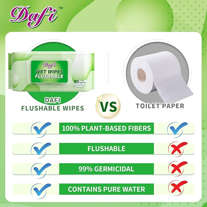 DAFI Flushable Wipes for Adult Wet Wipes, Total 720 Unscented Toilet Wipes Flushable, No Alcohol & 100% Plant Based Fibers, Septic and Sewer Safe Pack of 9
