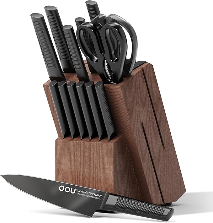 OOU Kitchen Knife Set - 15 Pcs High Carbon Stainless Steel Chef Knife Sets, Dishwasher Safe Black Knives Block Set With Built in Sharpener, Gifts for Men Women