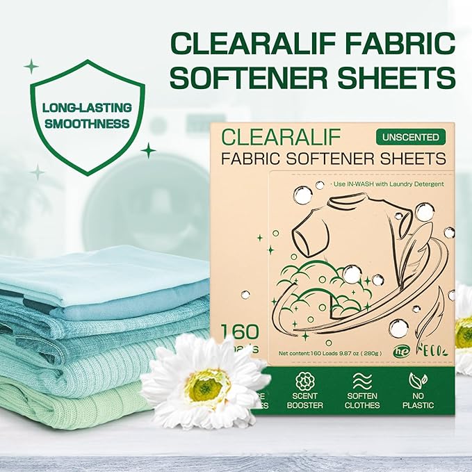 CLEARALIF laundry Fabric Softener Sheets, Unscented, 160 Loads, Eco Friendly, Great For Travel, Apartments, Dorms.