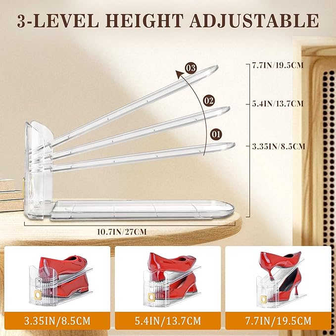 Shoe Slots Organizer for Closet, 6 Pack Shoe Stacker Organizer, Shoe Storage Space Savers 50%, 3 Levels Adjustable Shoe Racks for Closet Organization