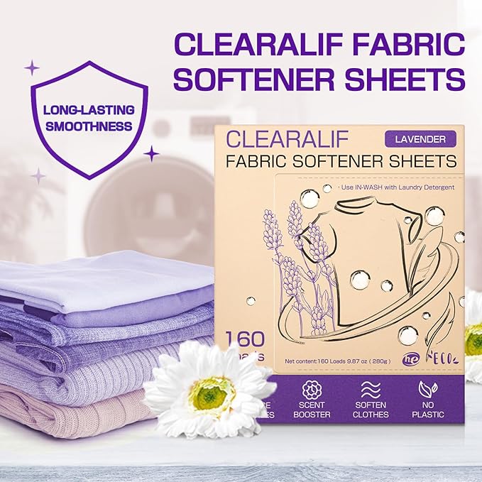 CLEARALIF laundry Fabric Softener Sheets, Lavender Scent, 160 Loads, Eco Friendly, Great For Travel, Apartments, Dorms.