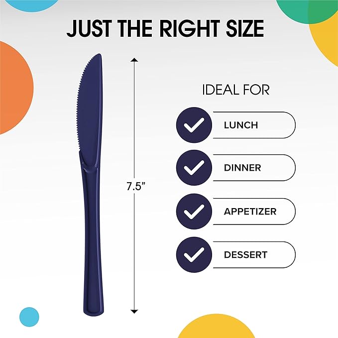Party Solids Navy Plastic Knives 200 Pieces Disposable Utensils Heavy Duty Cutlery Set Flatware Silverware Party Supplies & Tableware