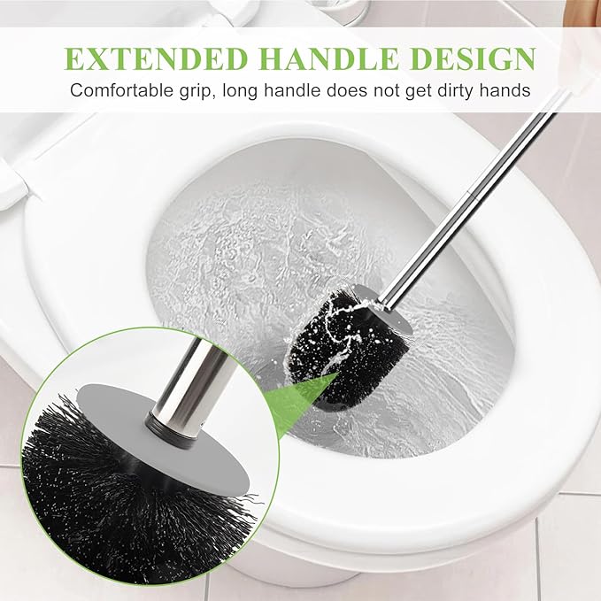 Toilet Brush and Holder, Compact Size Toilet Bowl Brush with Stainless Steel Handle, Small Size Plastic Holder Easy to Hide, Space Saving for Storage, Drip-Proof, Easy to Assemble, Deep Cleaning