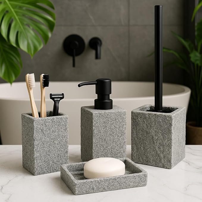 Bathroom Accessories Set - Soap Dispenser, Toothbrush Holder, Soap Dish, Toilet Brush & Toilet Brush Holder - Grey Stone Bathroom Accessories Set - Modern Bathroom Organizer Set (Black)
