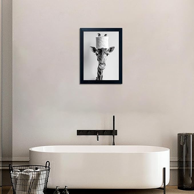Funny Bathroom Wall Decor, Giraffe with a Toilet Paper Roll on Head Art Decor, Black and White Bathroom Pictures Wall Decor, Framed Humor Animal Canvas Print Artwork