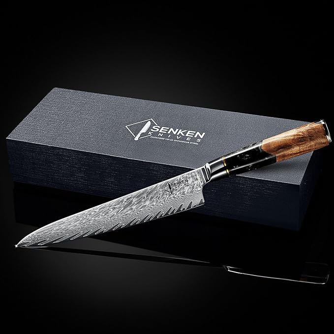 SENKEN Damascus Steel Chef's Knife - Tsunami Collection - 67-Layer Japanese VG10 Steel Core - Unique Black Resin & Natural Wood Handle, Razor Sharp, Beautiful Damascus Wave Pattern (Black)