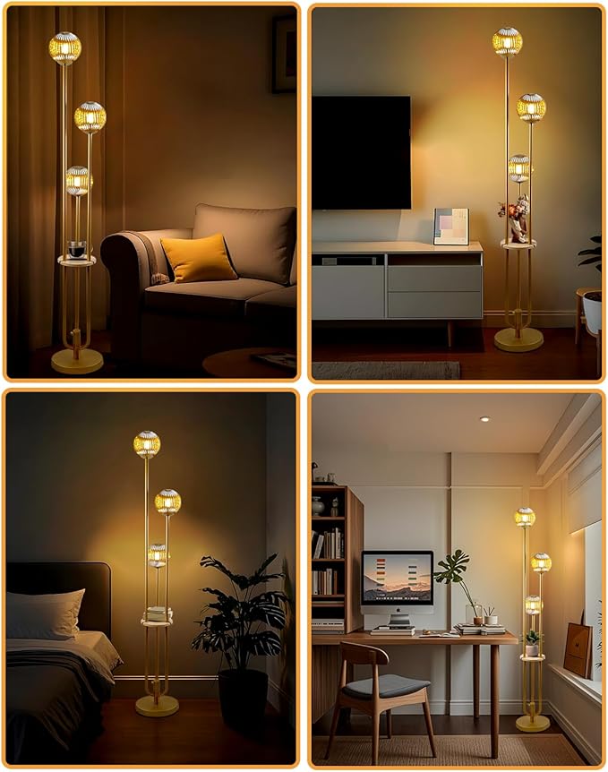 Lightdot Glass Floor Lamp with Shelf, 63IN Dimmable Mid Century Modern Gold Standing Lamps with 3 3000K Soft Warm White Bulbs Included, Globe Floor Lamp for Living Room/Wedding/Office