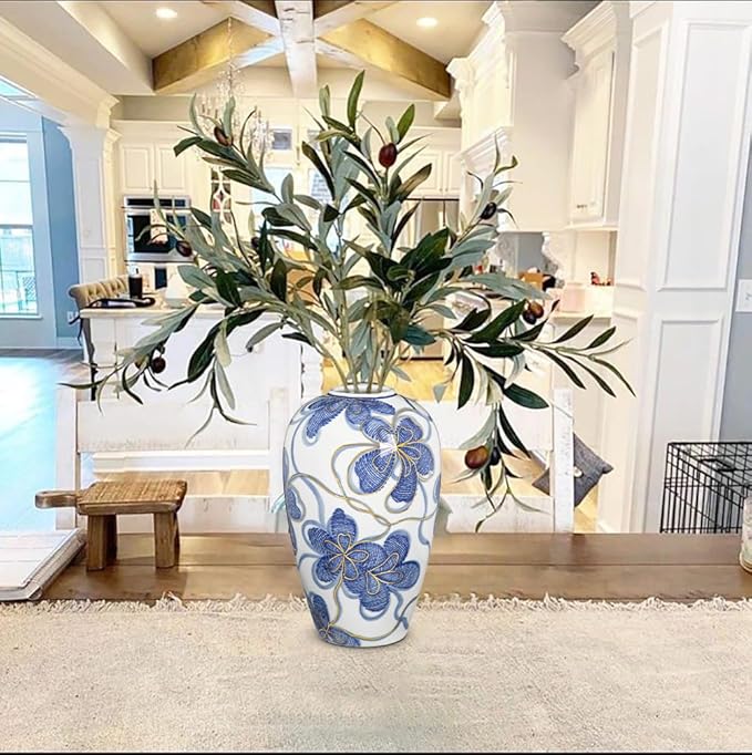 Blue and White Ceramic Vase for Home Decor – Hand-Painted Porcelain Flower Vase with Gold Accents – Chinoiserie-Inspired Home Decor Vases – 9" for Table, Shelf, or Mantel