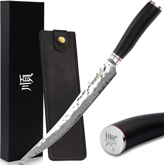YOUSUNLONG Slicing & Carving Knife - 10'' (25.4cm) - Damascus - Japanese Hammered VG10 Steel - Ham Slicer - Razor Sharp -Natural Ebony wood Handle With Leather Sheath - Slicer Cleaver