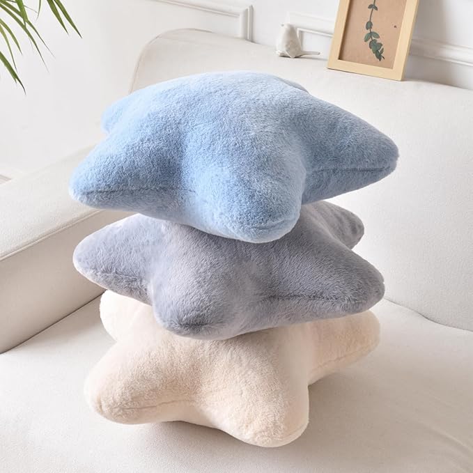Xiashrk Star Pillow, Decorative Throw Pillows for Bed Couch, 15" Star Shaped Pillow Plush Floor Cushions Room Decor Pillow with Faux Rabbit Fur for Sofa Bedroom Living Room (Grey Blue, 19.6" x 19.6")
