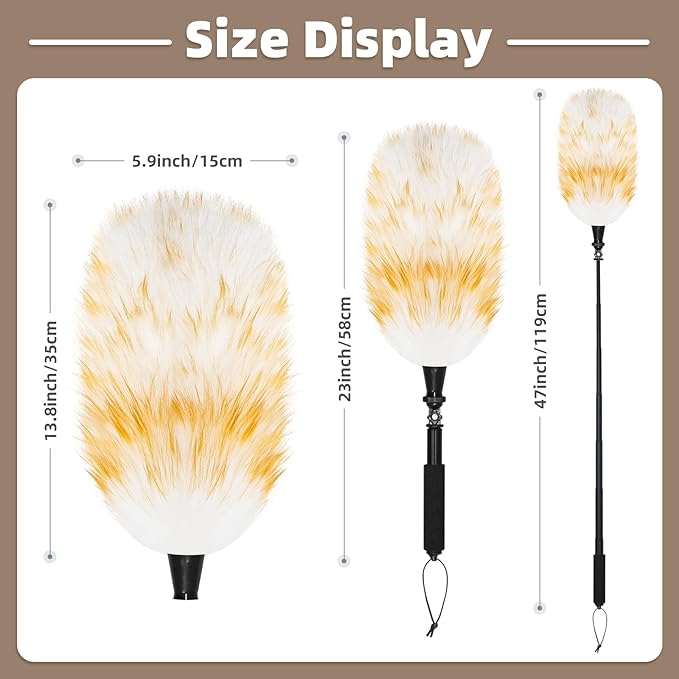 Extendable Lambswool Duster with 23-47 inch Bendable Aluminium Alloy Pole, Natural Fluffy Reusable Wool Duster for Cleaning High Ceilings, Pendant Lamps, Blinds, Furniture and Roof