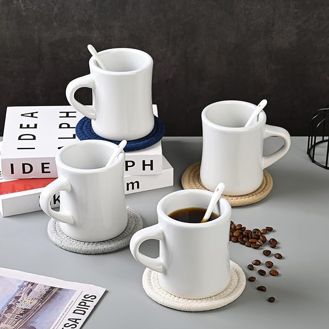 11oz Ceramic Diner Coffee Mug set Stoneware Coffee Cups Set for Restaurant, Diner, Farmhouse, Coffee Shop, Home set of 4 with Coffee spoons and Woven coasters (white)