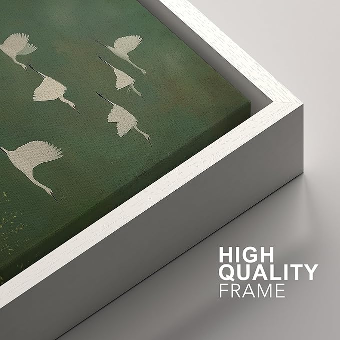 SIGNFORD Framed Canvas Print Wall Art Set Flight of Cranes Elegant Birds in Soft Green Hues Illustration Modern Art Decorative Nordic Nature for Living Room, Bedroom, Office - 16"x24"x2 White