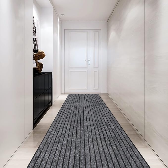 Custom Size Backed Non-Slip Area Rugs Runner, Easy Clean, Waterproof Runner Rugs for Hallway Entryway, Kitchen, Laundry, 3FT x 47FT, Gray Stripe