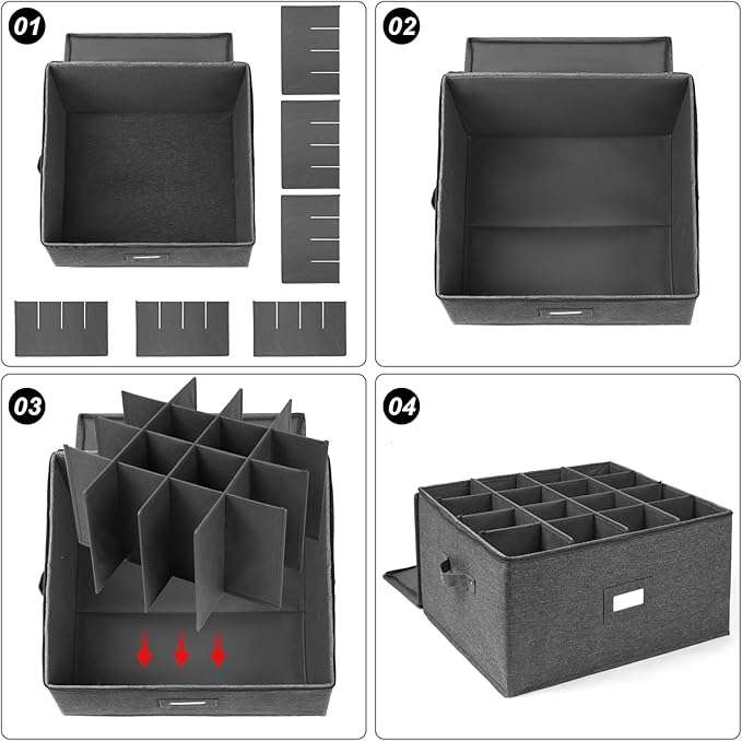 popoly Stemware Storage Cases, Wine Glass Storage Box Containers with Dividers for Glassware or Crystal, Holds 16 Red or White Wine Glasses, Hard Top and Stackable (Grey)