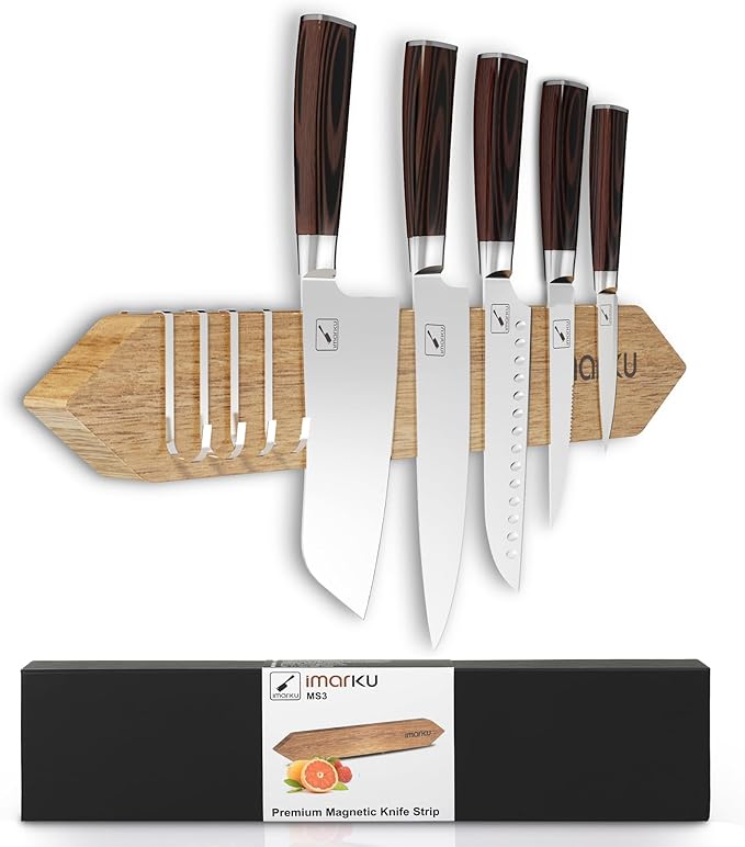 imarku Magnetic Knife Holder for Wall - 16 Inch Acacia Wood Magnetic Knife Strip with Powerful Magnet, Knife Magnetic Strip for Kitchen Utensil Organizer with 4 Hooks, Natural Acacia