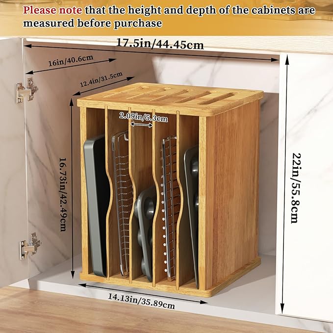 6 Tier Rubber Wood Tray Dividers for Cabinets, Heavy Weight Kitchen Vertical Tray Divider Organizer, Storing pans, Baking trays, Cutting Board(16.73" W x 14.13" H x 12.4" D)