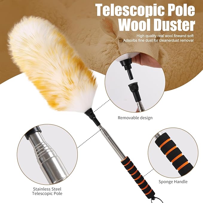 Wool Dusters with Extension Pole Lambswool Feather Duster for Cleaning,Ceiling Fan,Furniture,Blinds