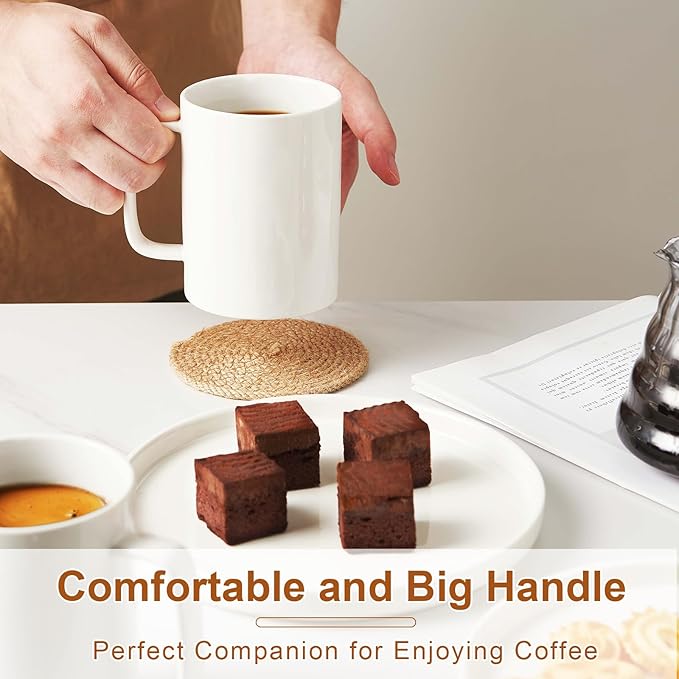 Jassceram Coffee Mugs Set of 6, 18 Ounce Porcelain Mugs for Latte, Hot Tea, Cappuccino, Cocoa and Milk, Ceramic Coffee Cups with Large Handle - Dishwasher & Microwave Safe, White