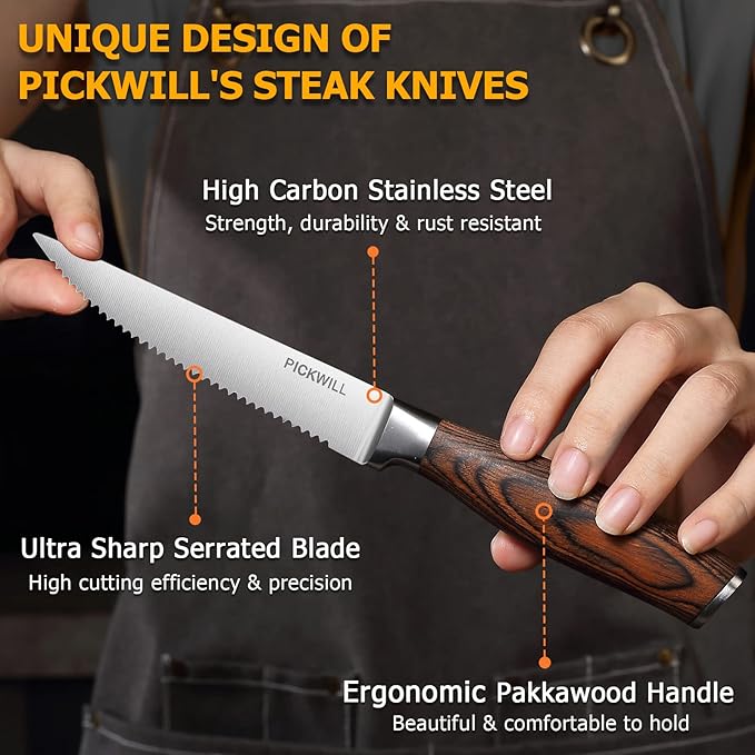 Steak Knives,Steak Knives Set of 4, Ergonomic Wood Handle, 4.5 Inch High Carbon Stainless Steel Serrated Steak Knives Set with Gift Box